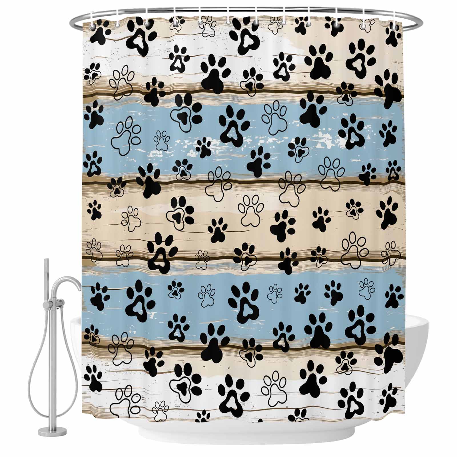 Blue Beige Paw Print Shower Curtain - Water Repellent Fabric Shower ...