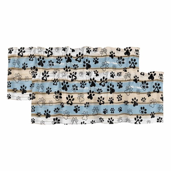 Blue Beige Paw Print Valances for Windows, Decorative Rod Pocket Window Valance Curtains, Vintage Farmhouse Rustic Wooden Grain Short Curtain Drapes for Kitchen/Living Room, 2 Panels, 42" W x 18" L
