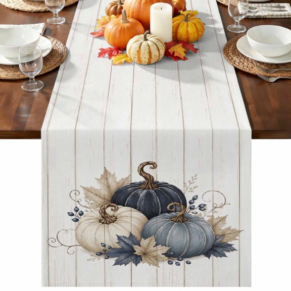 Blue Beige Pumpkin Table Runner 36 Inches Long, Fall Thanksgiving Maple Leaf Rustic Wood Table Runners Dresser Scarf, Kitchen Dining Tables Decoration for Holiday Party Wedding Home Decor, 13"x36"