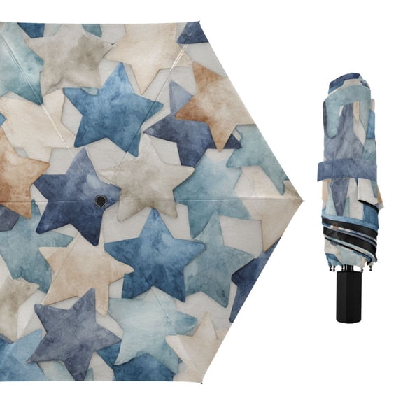 Blue Beige Retro Stars All Weather Umbrella Triple Folding Parasol 6 Ribs UV Protection Portable