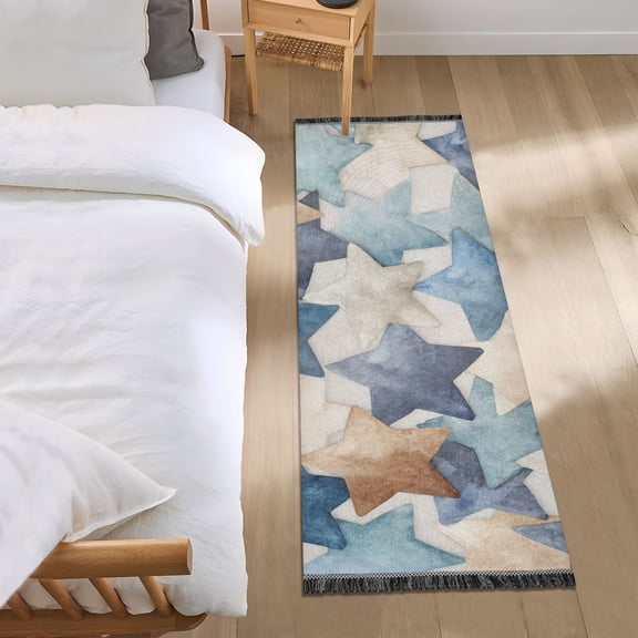 Blue Beige Retro Stars Bedside Runner Rug 2'x 6' Non Slip Carpet Floor Mat Area Rug