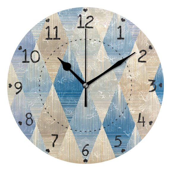Blue Beige Rhombus Patterns Round Wall Clock Silent Analog Battery Operated Black Pointer Home Decor 9.84" Diameter