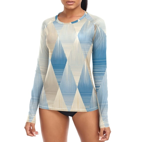 Blue Beige Rhombus Patterns Women's Rash Guard Shirts UPF 50+ Sun ...