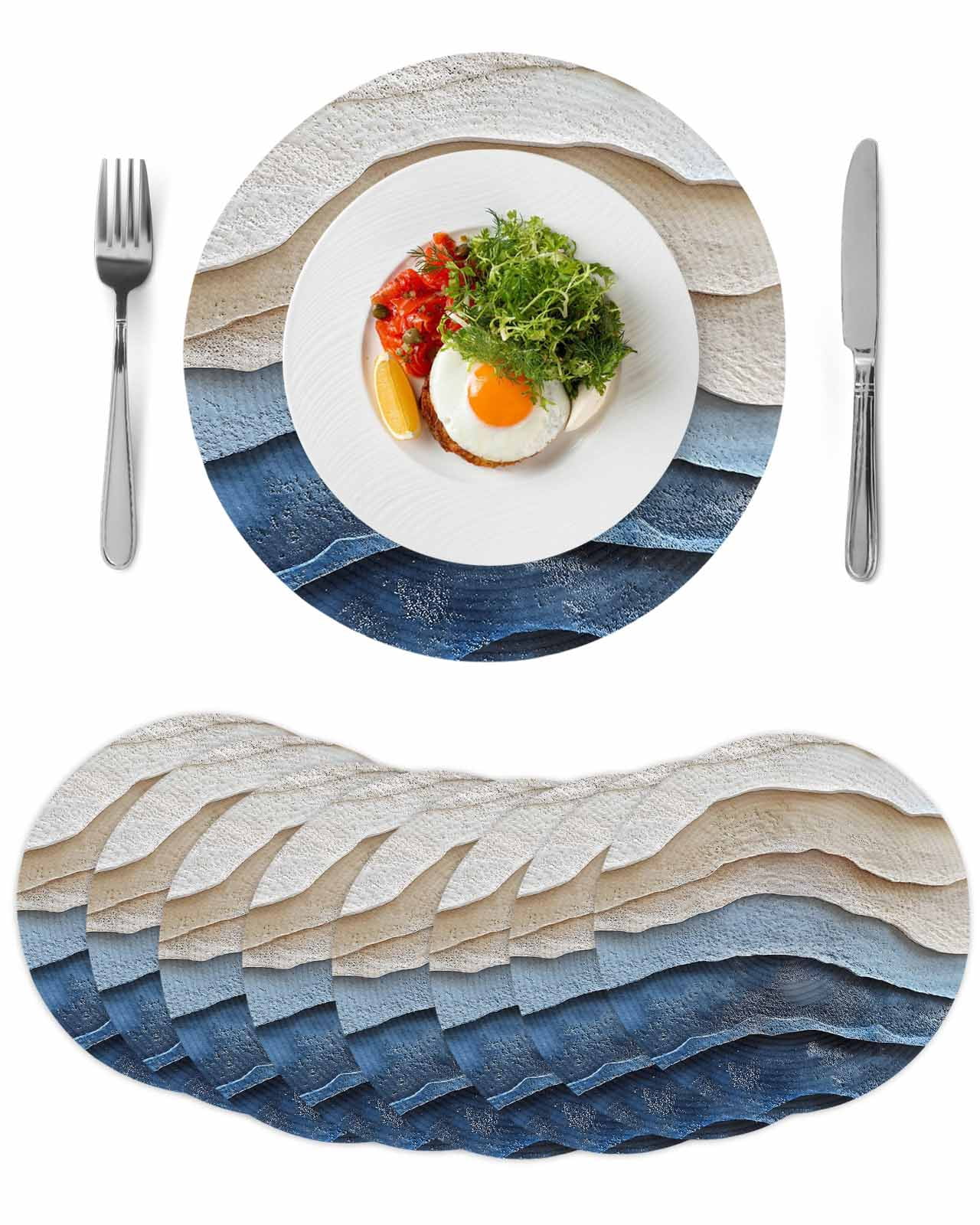 Blue Beige Round 13 Inch Placemats Set of 8, Coastal Wave Modern ...