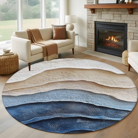 Blue Beige Round Area Rug 7 FT, Non Slip Living Room Area Carpet, Coastal Wave Modern Abstract Art Washable Soft Circular Rug Non-Shedding Floor Carpet for Bedside Office Play Room Classroom