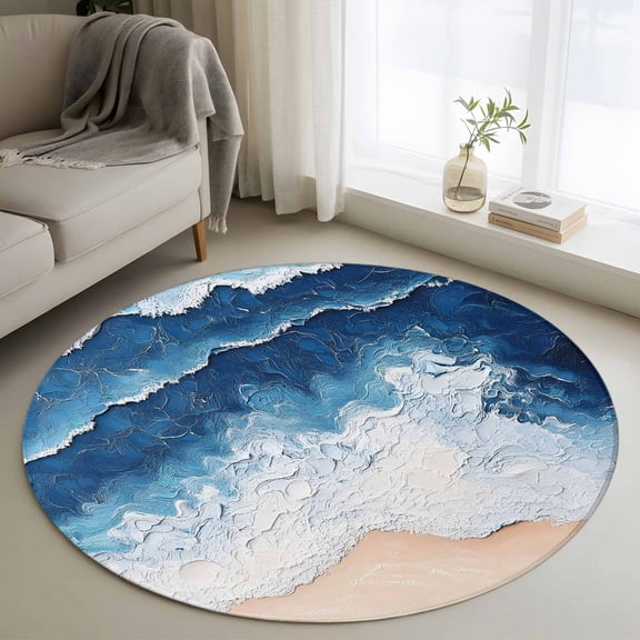 Blue Beige Round Area Rugs 3 ft, Ombre Ocean Abstract Sea Wave Beach Modern Art Washable Small Area Rug with Non-Slip Sturdy Edge Binding Round Front Door Mat Floor Carpet for Entryway