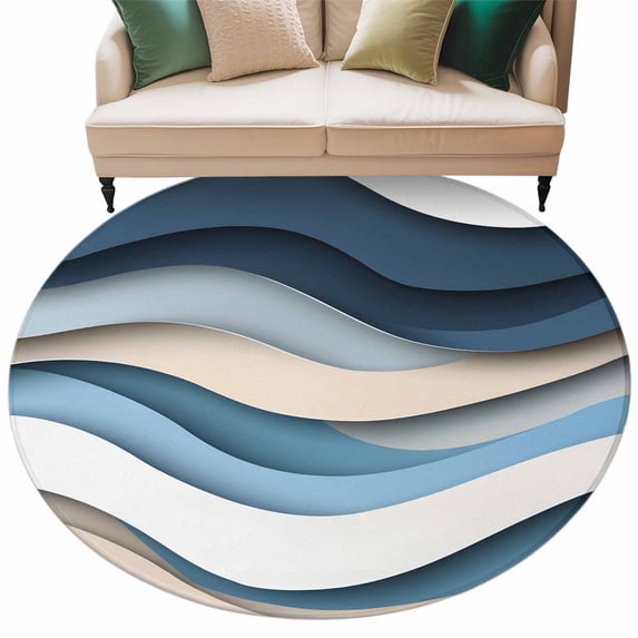 Blue Beige Round Area Rug 6ft Modern Geometric Abstract Gradient Ocean Wave Non-Slip Washable Circle Rugs Soft Felt Indoor Floor Mat for Bedroom Kitchen Living Room Bathroom