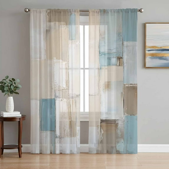 Blue Beige Semi Sheer Curtains 84 Inch Length 2 Panels Set, Modern Abstract Color Blocks Sheer Kitchen Curtain Privacy Voile Window Curtain for Living Room Bedroom Rod Pocket Drapes