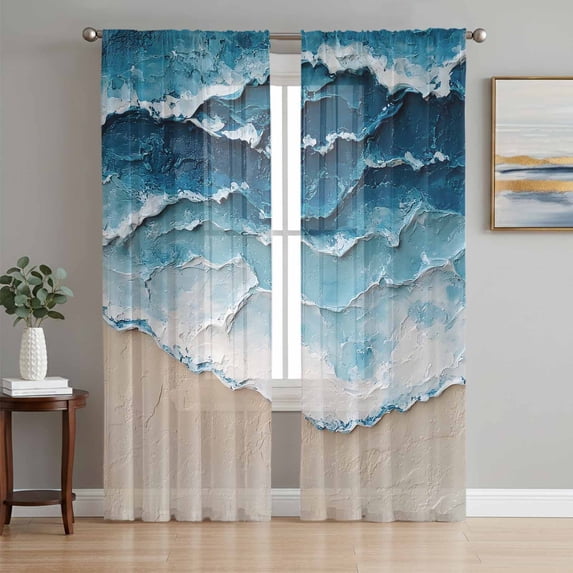 Blue Beige Sheer Curtains for Living Room Bedroom, Gradient Ocean Wave ...