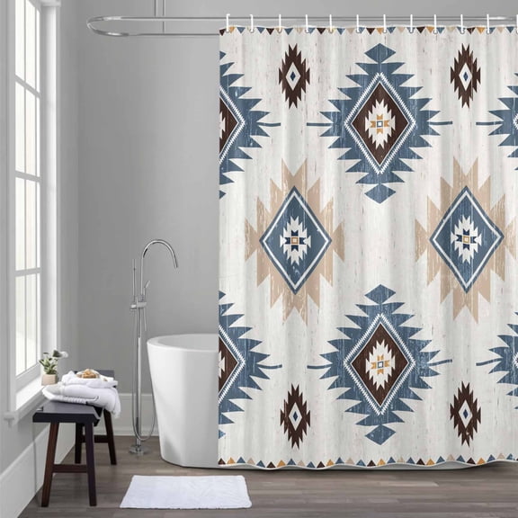 Blue Beige Shower Curtain for Bathroom Decor, Aztec Ethnic Southwestern Native Geometric Waterproof Fabric Shower Curtain, 36"x72" Set with 12 Hooks