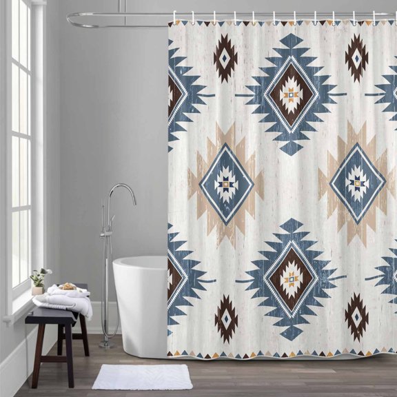 Blue Beige Shower Curtain for Bathroom Decor, Aztec Ethnic Southwestern Native Geometric Waterproof Fabric Shower Curtain, 66"x72" Set with 12 Hooks