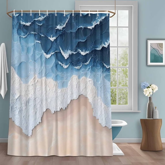 Blue Beige Shower Curtains for Bathroom, Ombre Ocean Abstract Sea Wave Beach Sand Washable Fabric Shower Curtain with Hooks Waterproof Bathroom Decor Sets, 72 x 78 Inches
