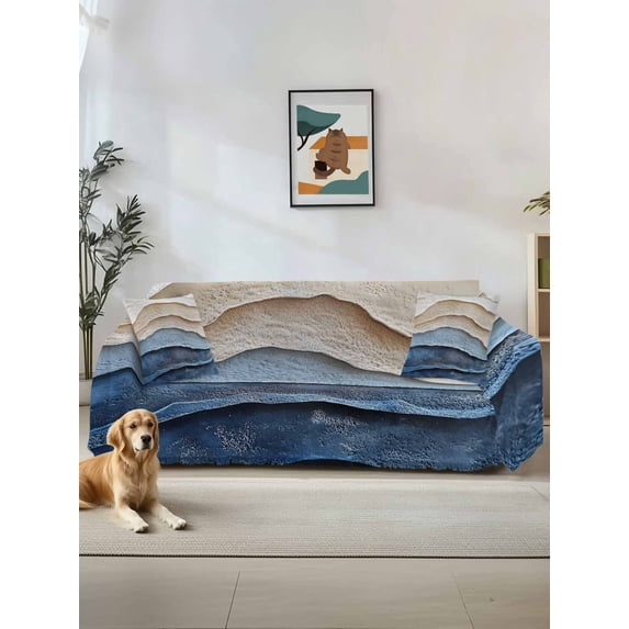 Blue Beige Sofa Covers for 2-3 Cushion Couch L-Shaped Sectional, Coastal Wave Modern Abstract Art Washable Sofa Covers Slipcover for Living Room Furniture, Couch Cover Blanket 71"x134"
