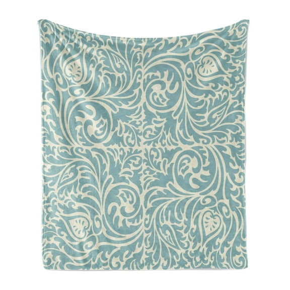 Blue and Beige Soft Flannel Fleece Throw Blanket, Antique Baroque Style Vintage Flower and Leaf Motifs with Curls, Cozy Plush for Indoor and Outdoor Use, 70" x 90", Pale Blue and Beige, by Ambesonne