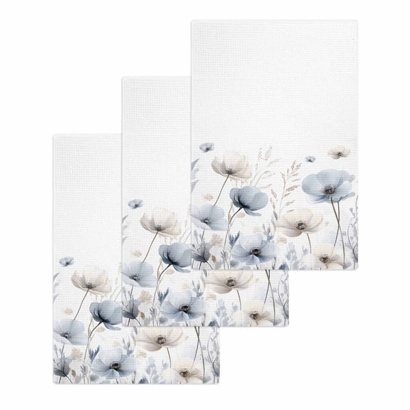 Blue Beige Spring Floral Hand Towels Set,Waffle Weave Kitchen Towels 3 Pieces,Microfiber Hair Face Bath Tea Towel Absorbent Quick Drying Cleaning Dish Cloths,Summer Botanical Watercolor 15.7"x23.6"
