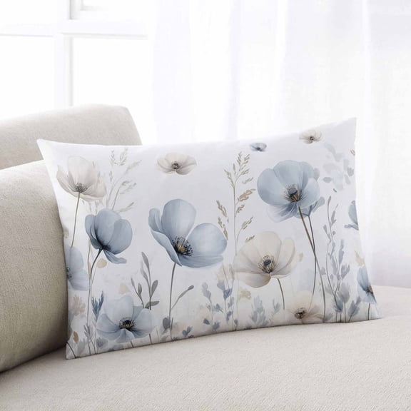 Blue Beige Spring Floral Throw Pillow Covers, Summer Botanical Watercolor Soft Breathable Pillow Cases with Invisible Zipper for Sleeping, Queen Size Pillowcases for Couch Bed Sofa Chair 20x30 Inches