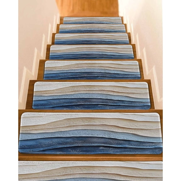 Blue Beige Stair Treads for Wooden Steps Indoor Runner Rug Carpet, Coastal Wave Modern Abstract Art 4 Pieces Peel and Stick Staircase Step Treads Covers Washable Throw Door Mats, 30"x8"