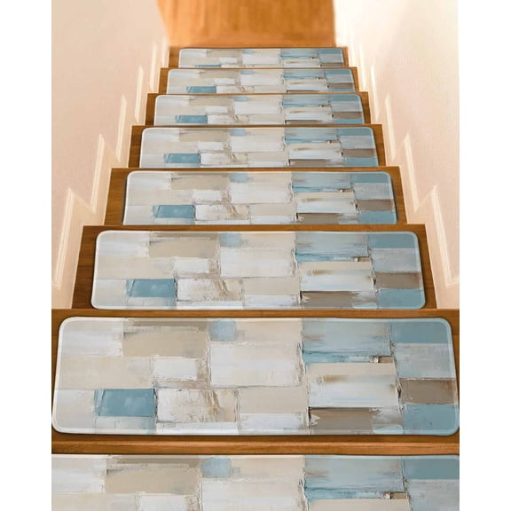 Blue Beige Stair Treads for Wooden Steps Indoor Runner Rug Carpet, Modern Abstract Color Blocks 4 Pieces Peel and Stick Staircase Step Treads Covers Washable Throw Door Mats, 30"x8"