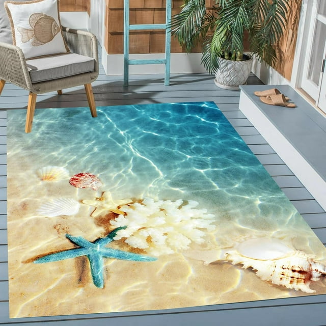 Blue Beige Star Fish and Shell Ocean Theme Outdoor Area Rug 5'x7' No-Slip Waterproof Reversible Rug for Patio Deck Backyard Balcony Funky Livingroom Bedroom Carpet