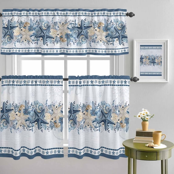 Blue Beige Starfish Ocean Curtain Tier and Valance Set 3 Piece, Summer Ocean Plant 3-inch Rod Pocket Window Tier Curtains Valance for Kitchen Living Room