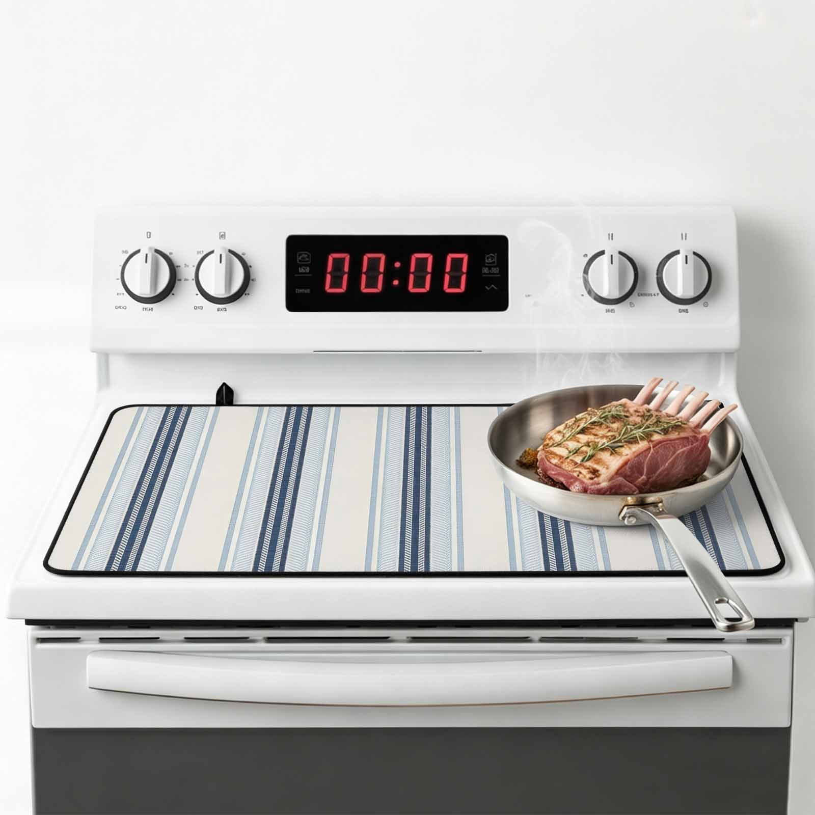 Blue Beige Stove Top Cover for Electric Stove, Heat-proof & Non Slip Glass Top Stove Cover Protector, Modern Abstract Gradient Vertical Stripes Kitchen Flat Cooktop Rubber Mat 24x21 Inches