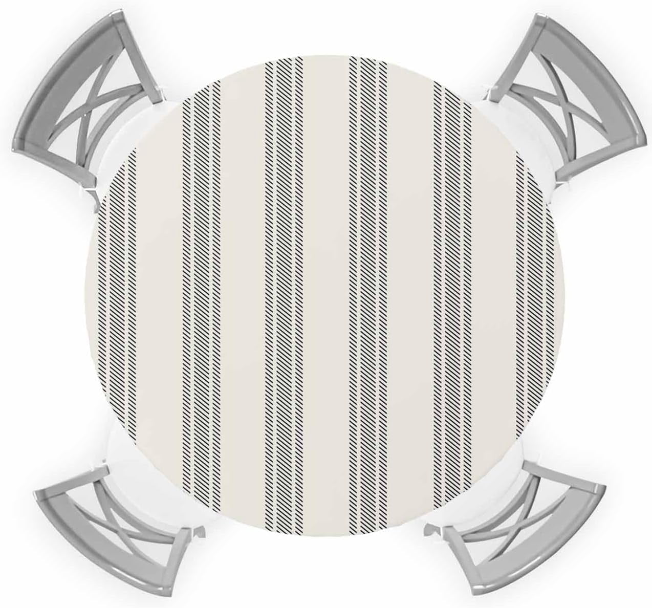 Blue Beige Stripe Round Tablecloth Fitted Table Cover, Retro Farmhouse Geometric Striped Elastic Tablecloths Waterproof Outdoor Indoor Stretch Cloth Tablecover for Dinner, Party, Shower, 45-52IN