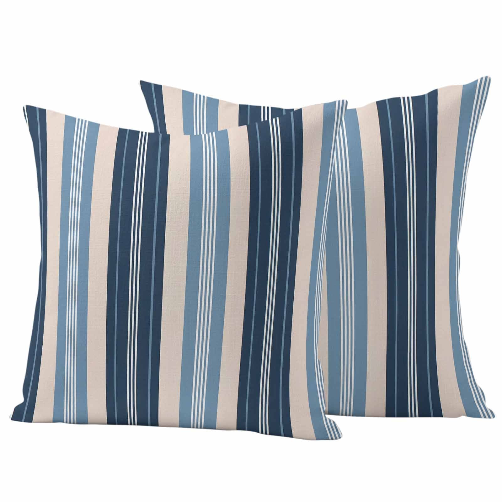 Blue Beige Striped Outdoor Waterproof Pillow Covers, Modern Stripes Art Farmhouse Decorative Square Throw Pillowcase Sofa Cushion Sham for Patio/Couch/Chair, 18"x18" 2 Pack