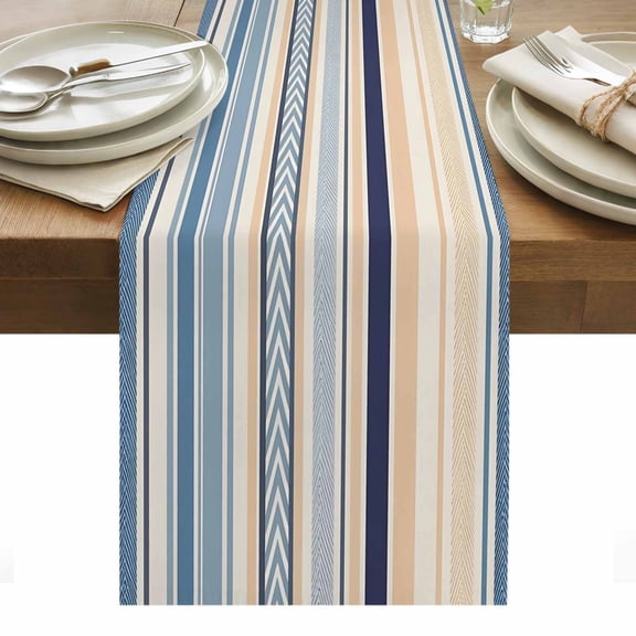 Blue Beige Striped Table Runner - 60 Inch Long, Kitchen Dining Table Runner Dresser Scarves, Boho Colorful Rainbow Abstract Stripes Farmhouse Decor for Coffee Tables Wedding Party Banquet