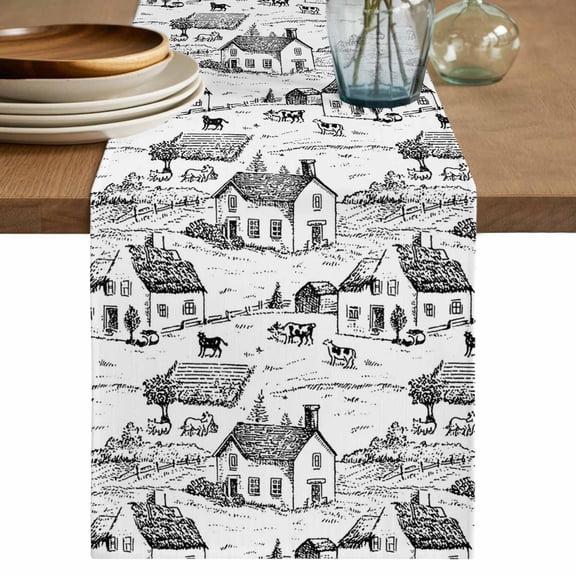 Vintage Farmhouse Table Runner 72 Inches, Country Farm Houses Cows Sheep Animal Bed Runner Dresser Scarves Tabletop for Indoor Outdoor Parties/Ceremony/Banquet, 14" x 72"