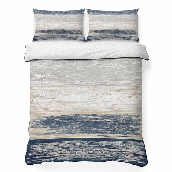 Blue Beige Stripes 3 Piece Quilt Bedding Set with 2 Pillow Shams, Vintage Rustic Minimalist Nautical Wood Grain Lightweight Bedspread Coverlet, Soft Breathable All Season Quilt, 90 x 96 Inch