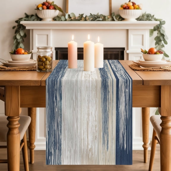 Blue Beige Stripes Dining Table Runner, Vintage Rustic Minimalist Nautical Wood Grain Washable Table Runners Kitchen Coffee Table Center Decor for Home Party Holiday Wedding 13 x 36 Inches