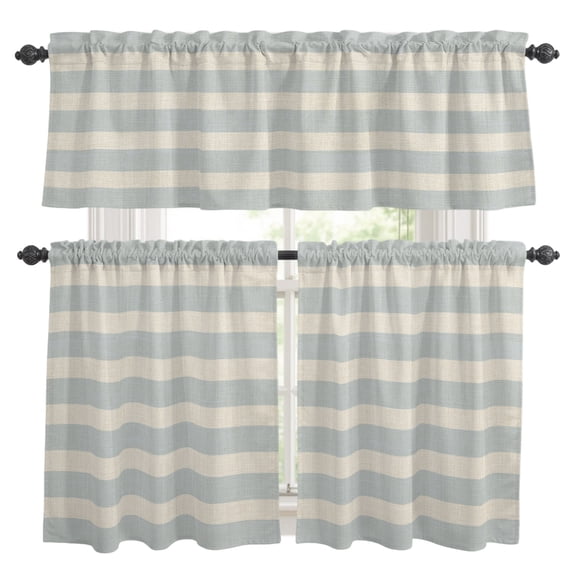 Blue Beige Stripes Kitchen Curtains and Valances Set, Minimalist Modern ...