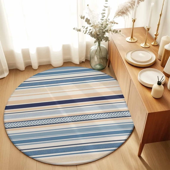 Blue Beige Stripes Lines Round Rug 3ft Abstract Geometric Pattern ...