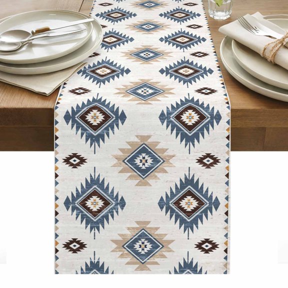 Blue Beige Table Runner 13 x 36 Inch, Aztec Ethnic Southwestern Native Geometric Washable Cotton Linen Dining Table Runner Tabletop Decorations for Restaurant Home Kitchen Party
