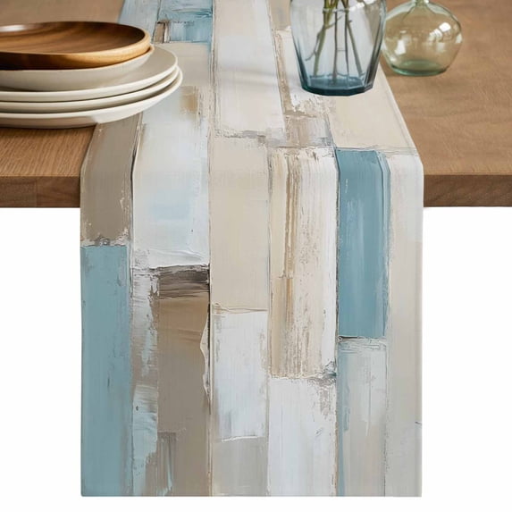 Blue Beige Table Runner, Modern Abstract Color Blocks Washable Cotton Linen Table Runners 60 Inches Long, Dresser Scarf Runner for Coffee/TV Stands/Kitchen/Cabinets 13''x60''