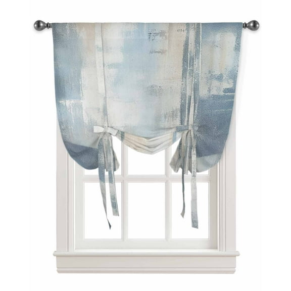 Blue Beige Tie Up Curtains for Window, Oil Painting Abstract Art Contemporary Thermal Insulted Balloon Shade Adjustable Rod Pocket Curtains Valance Panels for Kitchen Bathroom Café 42 x 63