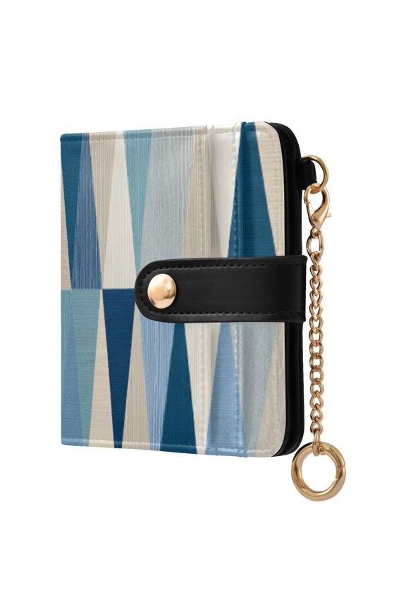 Blue Beige Triangles Women's Wallet PU Leather Card Cases RFID Blocking Purse Billfold with Key Ring