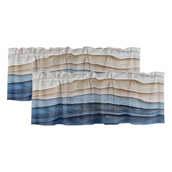 Blue Beige Valances for Windows, Light Filtering Kitchen Curtain Valances 2 Panels, Coastal Wave Modern Abstract Art Rod Pocket Short Window Treatments for Living Room Bedroom 42"Wx12"L