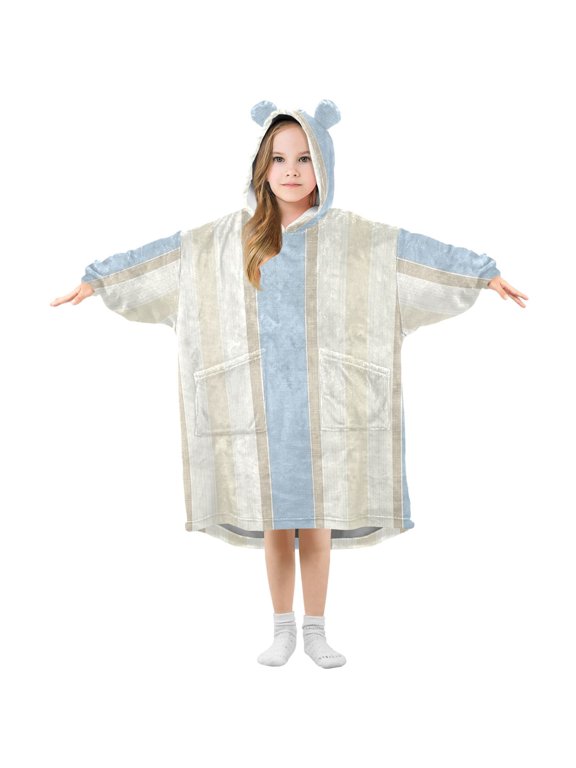 Blue Beige Vertical Stripes Flannel Wearable Blankets Hooded Design Long Sleeves Wrap Unisex for 3T-14Y S