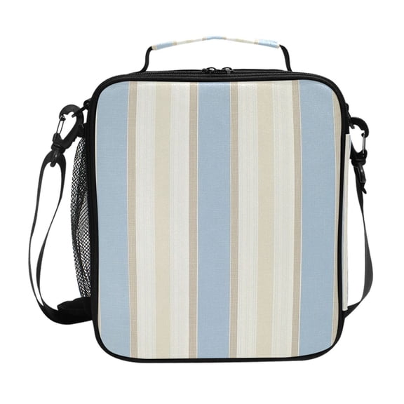 Blue Beige Vertical Stripes Insulated Lunch Bag Reusable Lunch Box Lunch Container with Straps