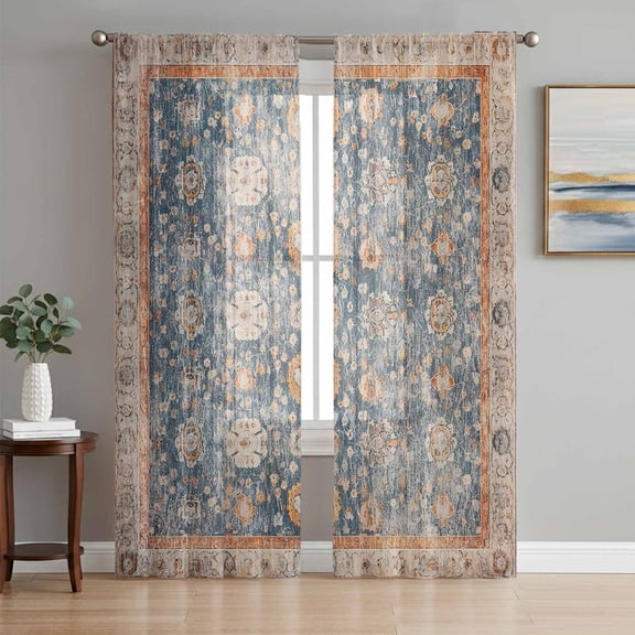 Blue Beige Vintage Semi Sheer Window Curtains 84 Inches Long, Modern Geometric Abstract Art Ethnic Rod Pocket Voile Silky Chiffon Curtain Light Filtering Drapes for Living Room, 52"x84", 2 Panels