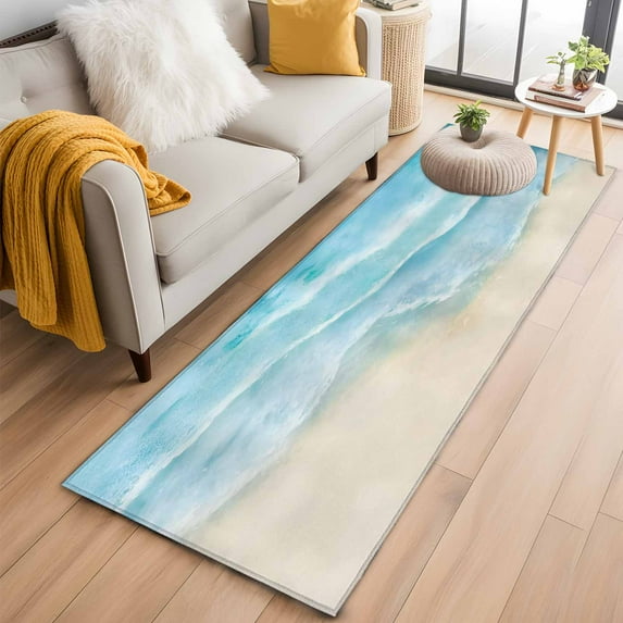 Blue Beige Waves 2'x6' Runner Rugs for Hallway Kitchen Bedside Non Slip Washable, Summer Beach Coastal Nautical Ocean Entryway Rug Runners with Rubber Backing, Long Carpet Runner for Laundry Room