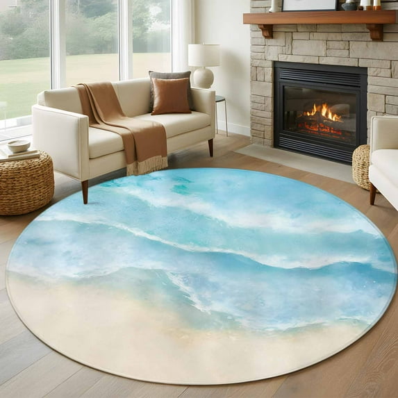 Blue Beige Waves 8' Round Area Rug, Summer Beach Coastal Nautical Ocean Washable Non-Slip Large Circle Rugs for Living Room Bedroom, Soft Low Pile Rug Carpet for Dining Room Kitchen Farmhouse