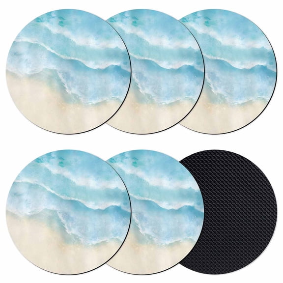 Blue Beige Waves Coasters Set of 6, Absorbent Coasters for Drinks, Summer Beach Coastal Nautical Ocean Coaster for Desk Coffee Table Protection, Home Decor House Warming Gifts 4"