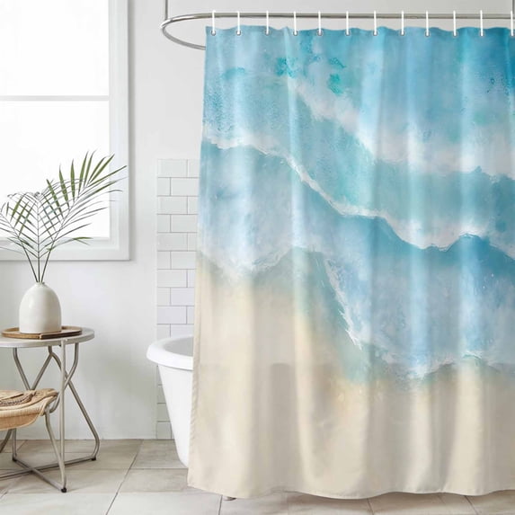 Blue Beige Waves Long Shower Curtain Set, Waterproof Shower Curtains for Bathroom, Summer Beach Coastal Nautical Ocean Washable Fabric Bath Curtain for Bathtub Decoration with Hooks 72x84 Inches