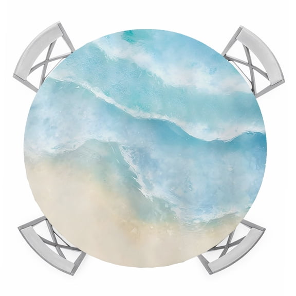 Blue Beige Waves Round Tablecloth for 36-44 Inch Tables,Fitted Table Cover with Elastic Edge,Summer Beach Coastal Nautical Ocean Waterproof Outdoor Table Cloth Protector for Patio Garden Dinner