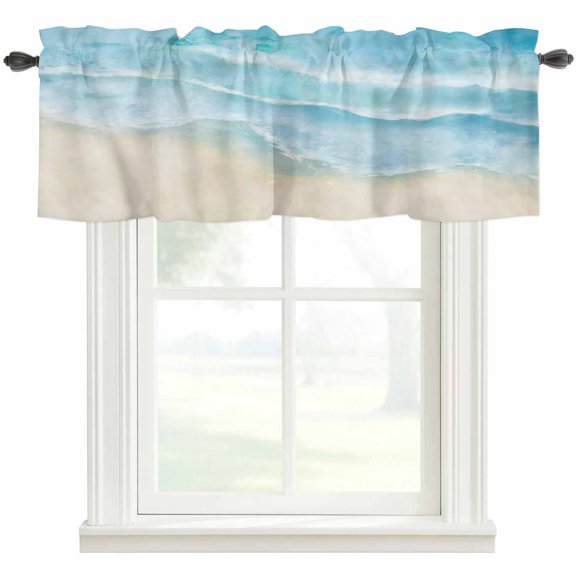 Blue Beige Waves Valances for Windows Farmhouse Kitchen Curtains Valances Rod Pocket Valance Curtains for Windows Summer Beach Coastal Nautical Ocean Window Valances for Bathroom Bedroom 60"x18"