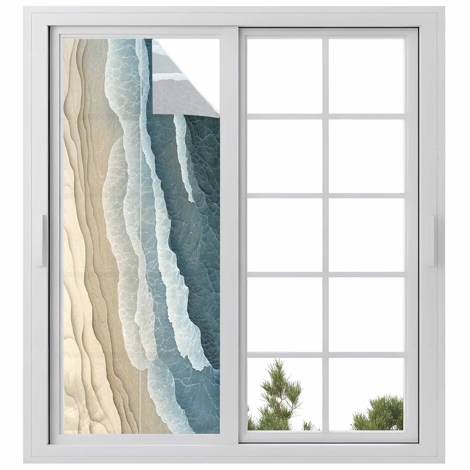 Blue Beige Window Privacy Film, Gradient Sea Wave Beach Abstract Seaside Sand Frosted Glass Window Clings Static Cling UV Heat Blocking Reusable Door Sticker for Bathroom 23.6 x 59 Inch