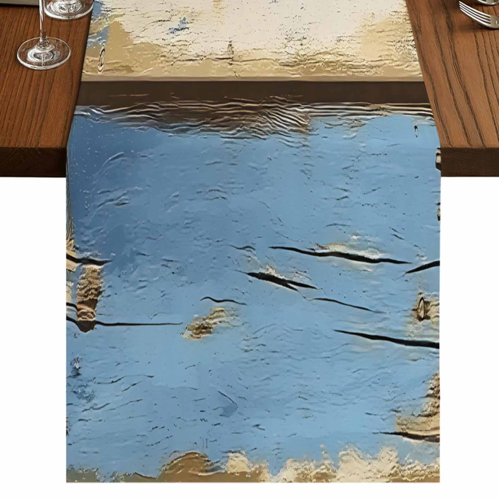 Blue Beige Wood Grain 60 Inch Table Runner, Modern Shabby Chic Board ...
