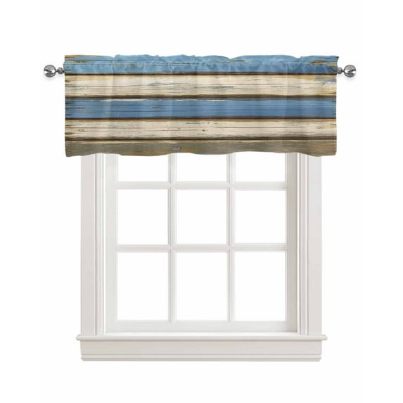 Blue Beige Wood Grain Kitchen Valances for Windows Farmhouse Linen Window Valance Curtain for Living Room Window Treatment Modern Shabby Chic Board Valance Rod Pocket Topper Drape, 60 x 18 Inch